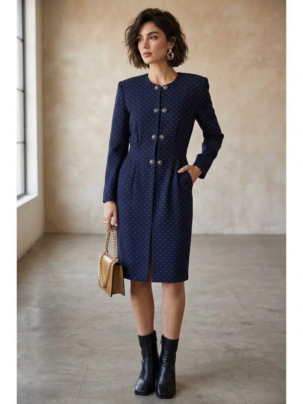 Chaus Red Polka Dot Sheath Dress, Gold Button, Long Sleeve, Size 12